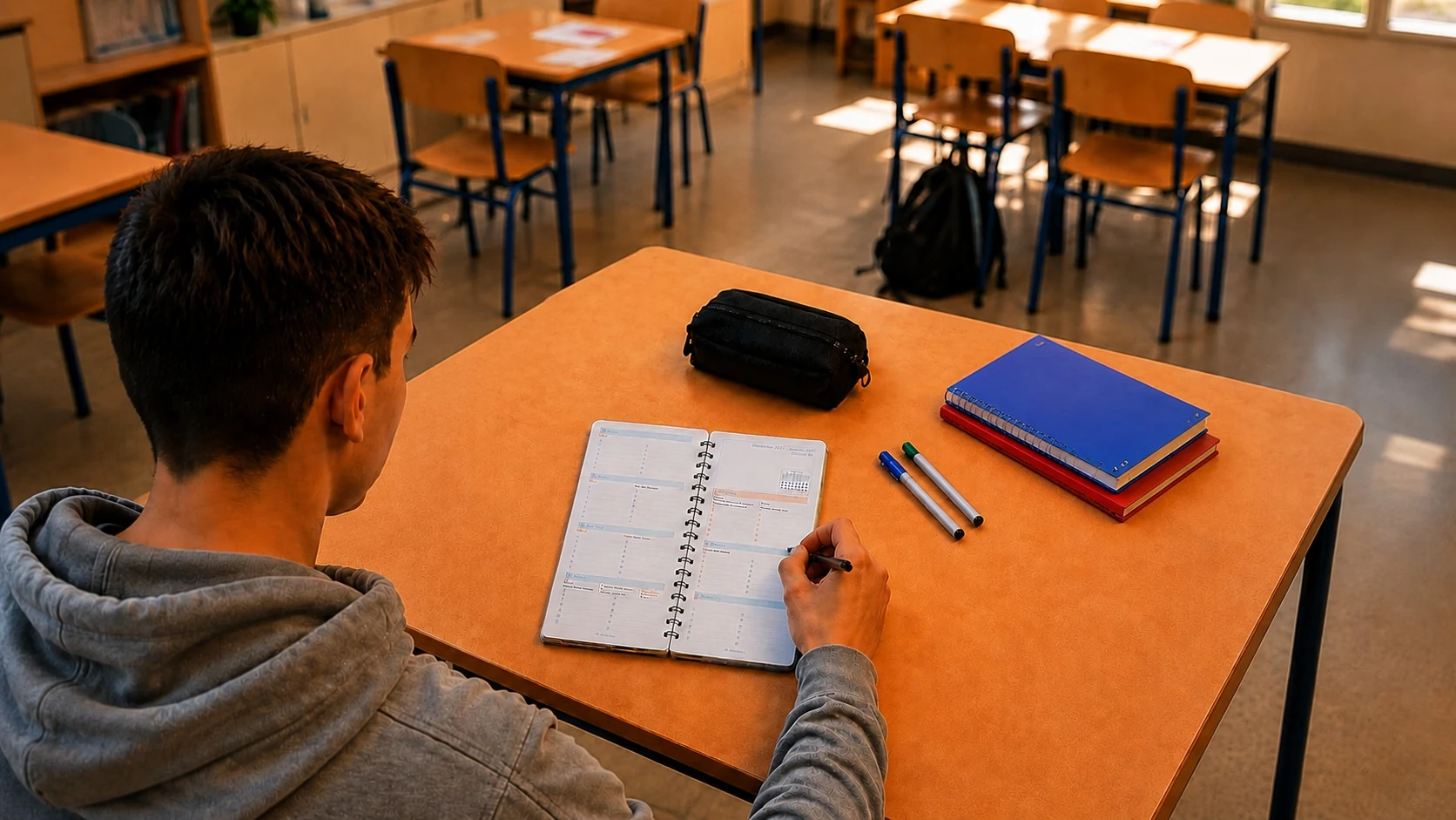 Étudiant organisant ses cours dans un agenda papier