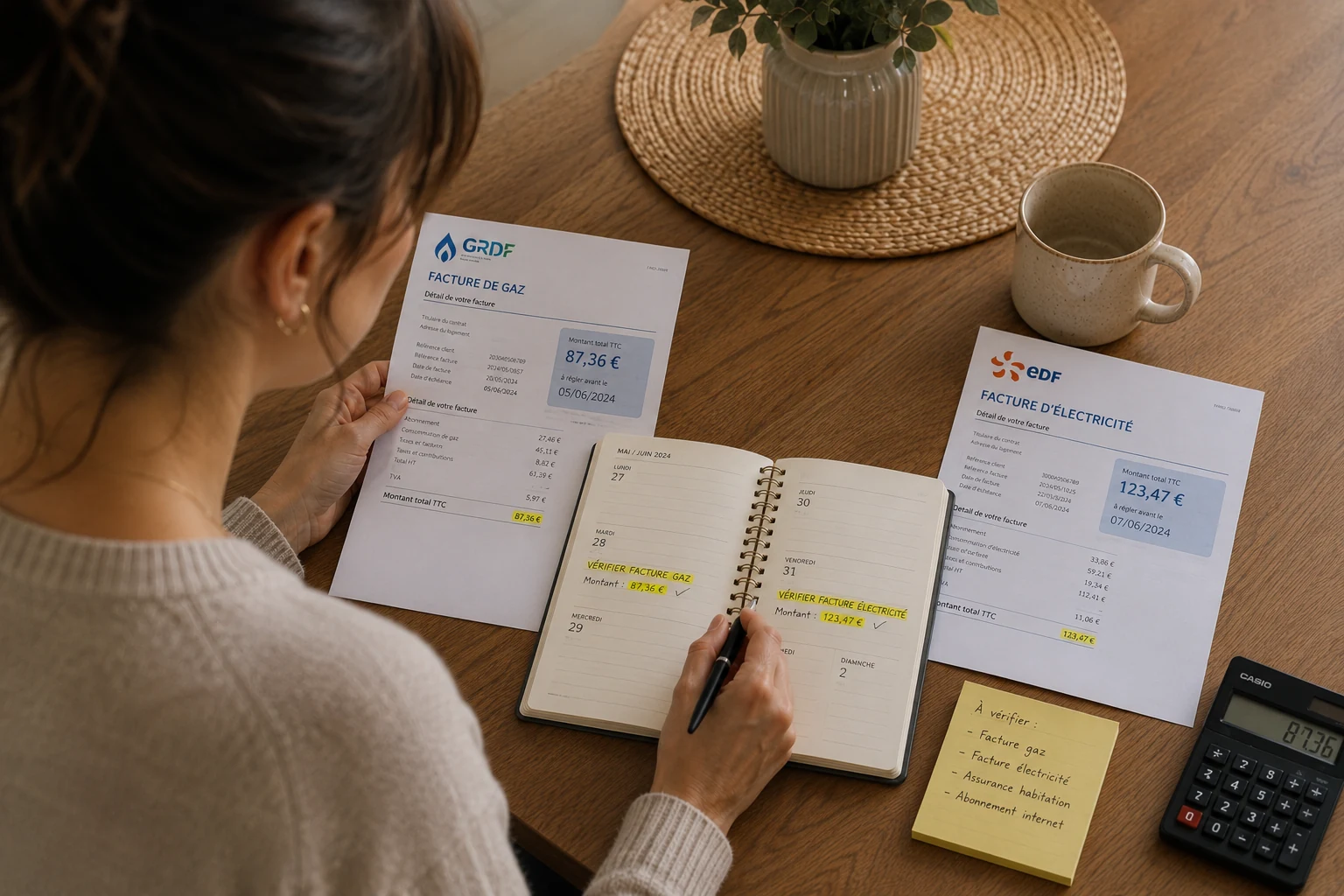 Personne consultant ses factures annuelles dans un agenda papier