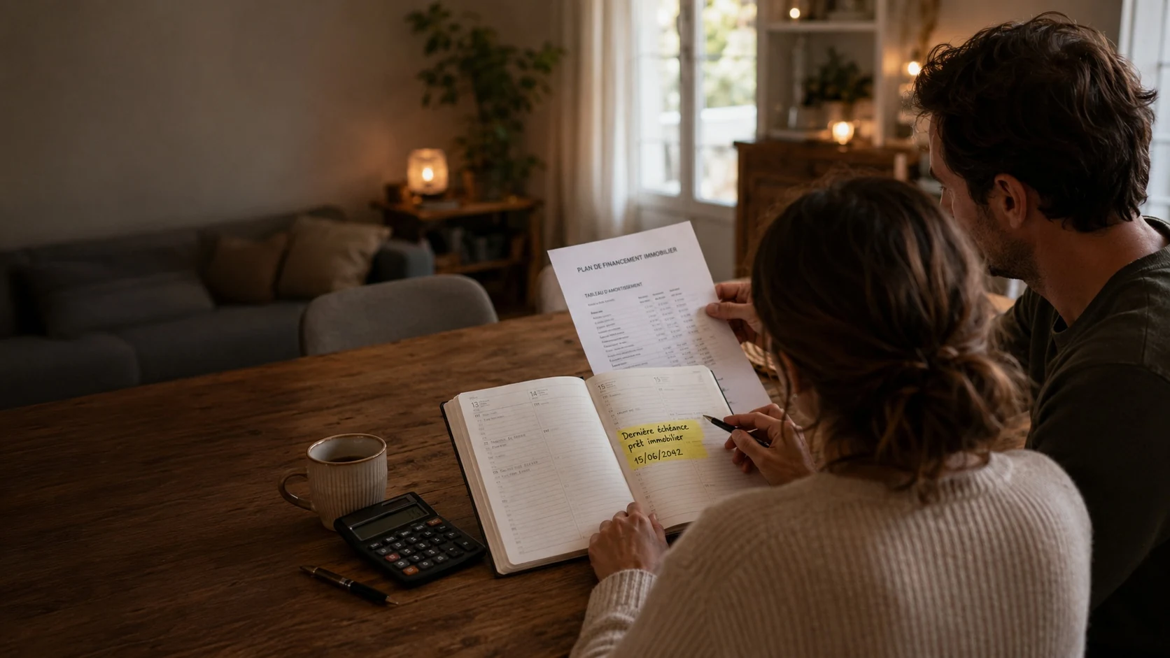 Couple vérifiant dans son agenda la dernière échéance de son prêt immobilier